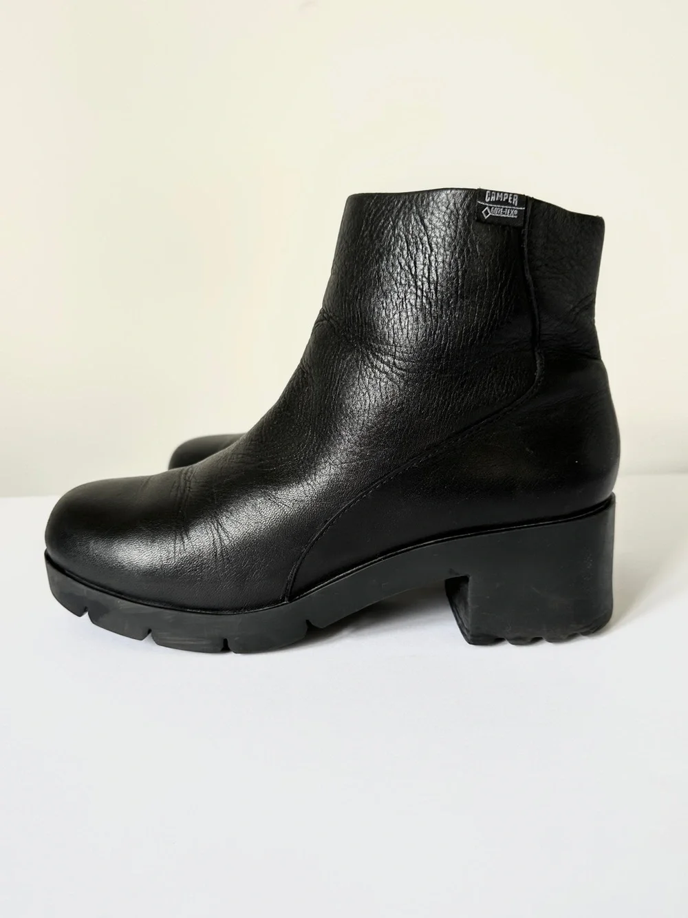 Camper Black Leather Ankle Boots with Side Zip